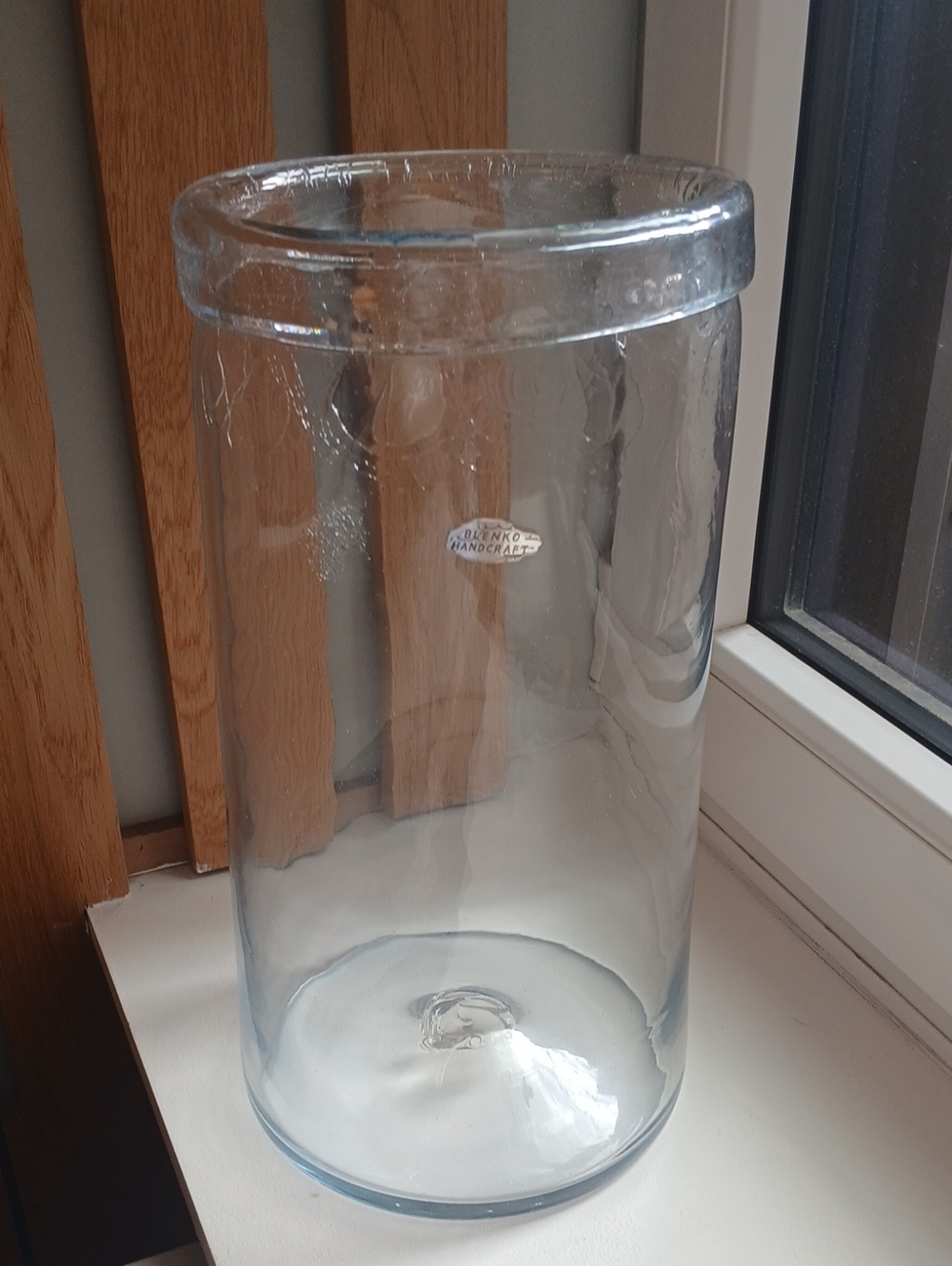 Vintage Blenko Blue Top Mountain Line Clear Tall Handblown Glass Vase